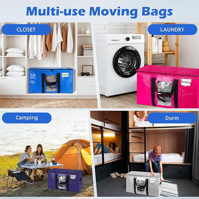6 Pack Extra Large Moving Bags with Visible Window & Tag Pocket,Strong Zippers & Handles, Heavy Duty Storage Totes for Moving & Space Saving