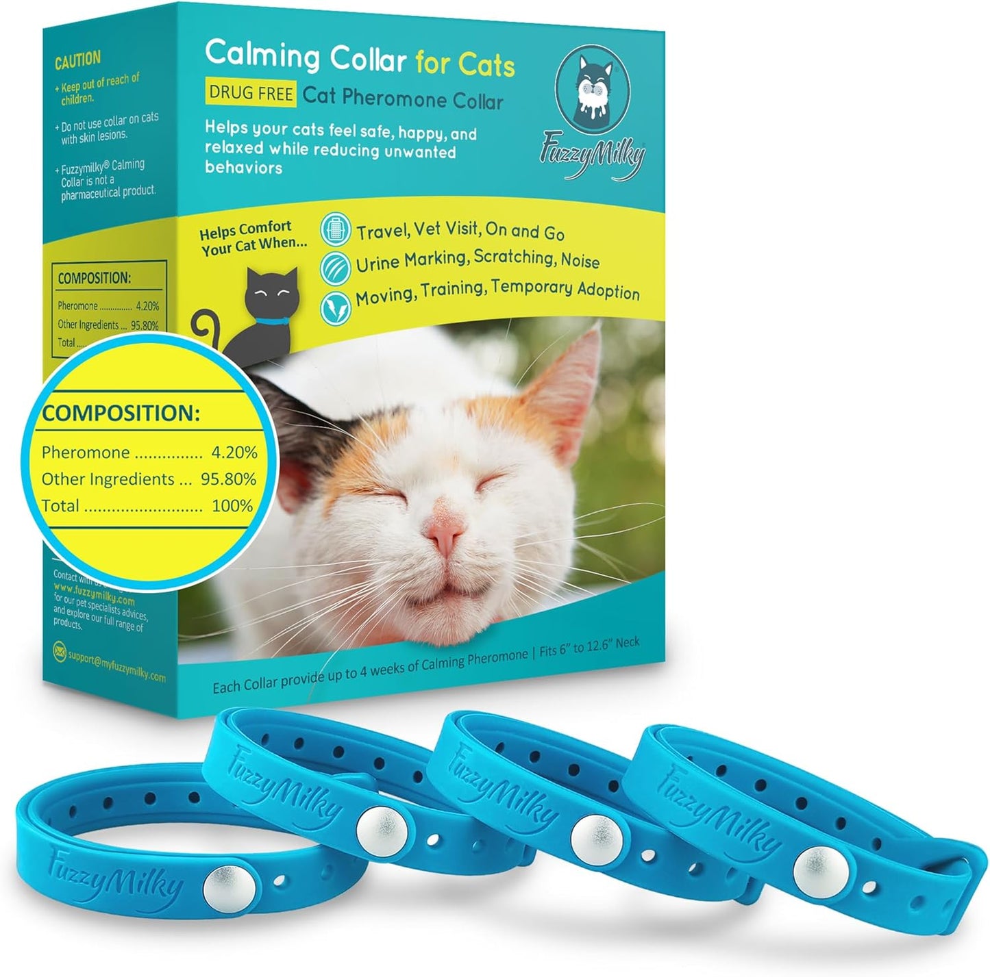 FetchMart Calming Collar for Cats — Pheromone Anxiety Relief | 4-Pack, 4 Weeks Each