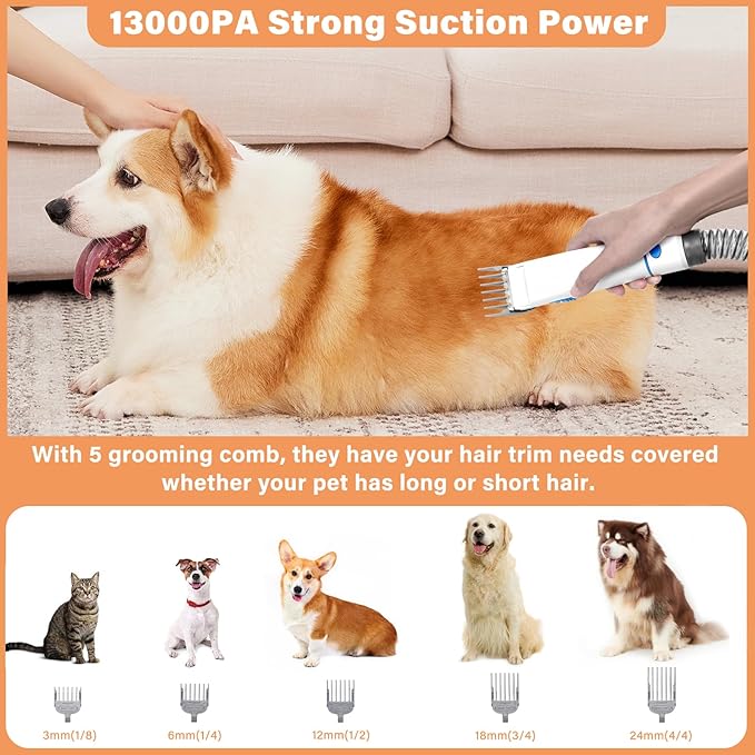 Petmolico Pet Grooming Vacuum Set for Dog 13000PA Suction Dog Vacuum Grooming Kit with 2.8L Large Cup for Shedding Grooming Include 4 Hair Clipper Combs