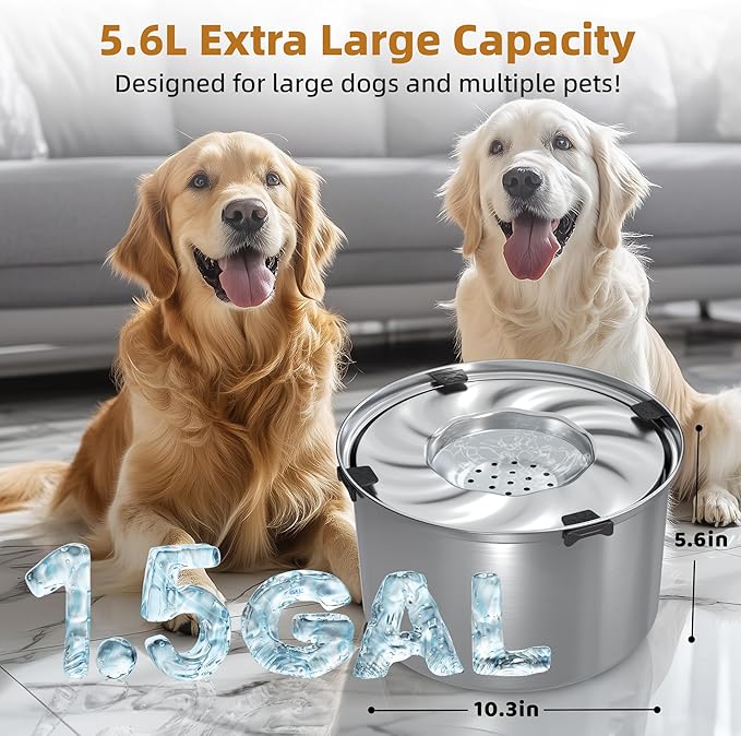 5.6L/1.5 Gallon Dog Water Bowl No Spill Stainless Steel No Spill Water Bowl for Dogs Large Capacity, Slow Water Feeder, No Splash Dog Water Bowls