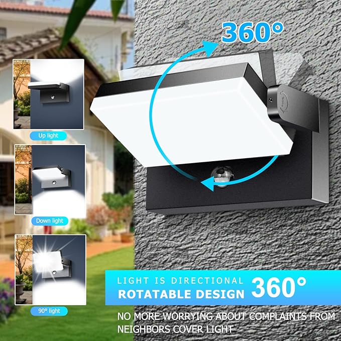 60W LED Outdoor Wall Light – 360° Rotatable, Motion Sensor & Color Temp Adjustable (3000K/4000K/6500K) Commercial Security Wall Mount for Barn, Proch,Garage & Yard