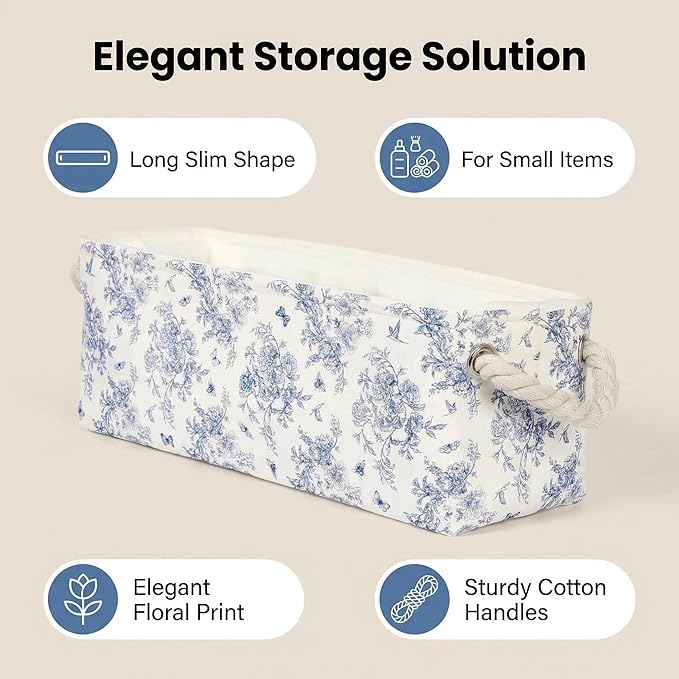 3PC Floral Narrow Storage Bins 15x6x5 inch Blue Flower Small Basket for Closet,Cabinet,Countertop Organizing Small Items Fabric Organizer with Handles, Toilet Paper Storage (Blue flower)