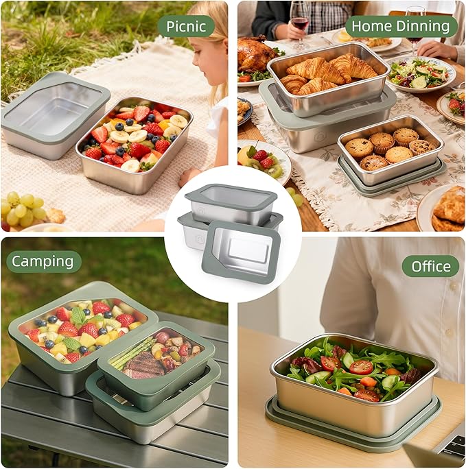 3PCS Food Storage Containers with Lids Airtight, 22/40/74oz Stainless Steel Containers Leak Proof Meal Prep Lunch Containers for Kitchen Storage, Microwave, Freezer, Dishwash Safe