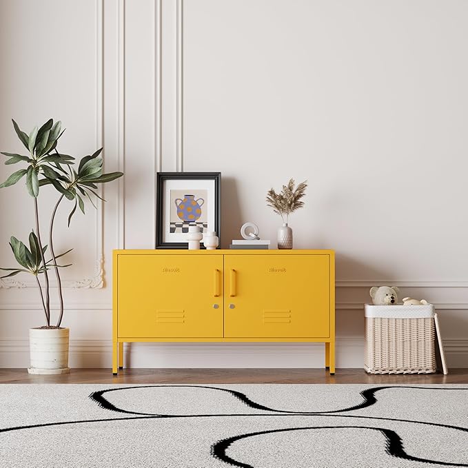 Yellow Metal Storage Cabinet with Lock, 2-Door Wide Organizer, Adjustable Shelves, Multifunctional TV Stand & Entertainment Center for Bedroom, Living Room, 24" H x 39.4" W x 15" D
