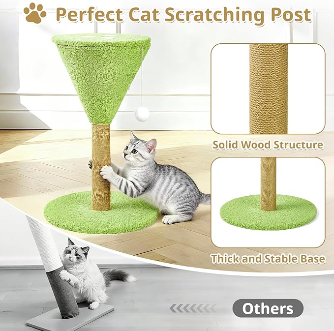 Green Martini Cat Scratcher 19.7" Tall Scratching Post with Interactive Ball and Perch Natural Sisal Rope Decorative Martini Glass Tree Tower for Indoor Kittens Small, Medium, and Large Cat