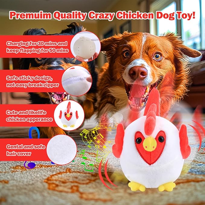 Interactive Dog Toys, Crazy Chicken Dog Toy with Pop Songs and Recording Mode, Rechargeable Active Self Moving Ball for Small/Medium/Large Puppy Dogs to Keep Them Busy, Dog Toys for Boredom Exercise