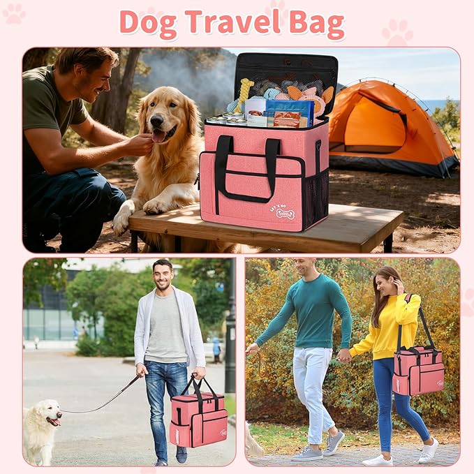 Dog Travel Bag,Large Pet Travel Bag for Supplies with 2 Food Container and Collapsible Bowls,Dog Travel Supplies Organizer Kit for Weekend,Road Trips,Camping