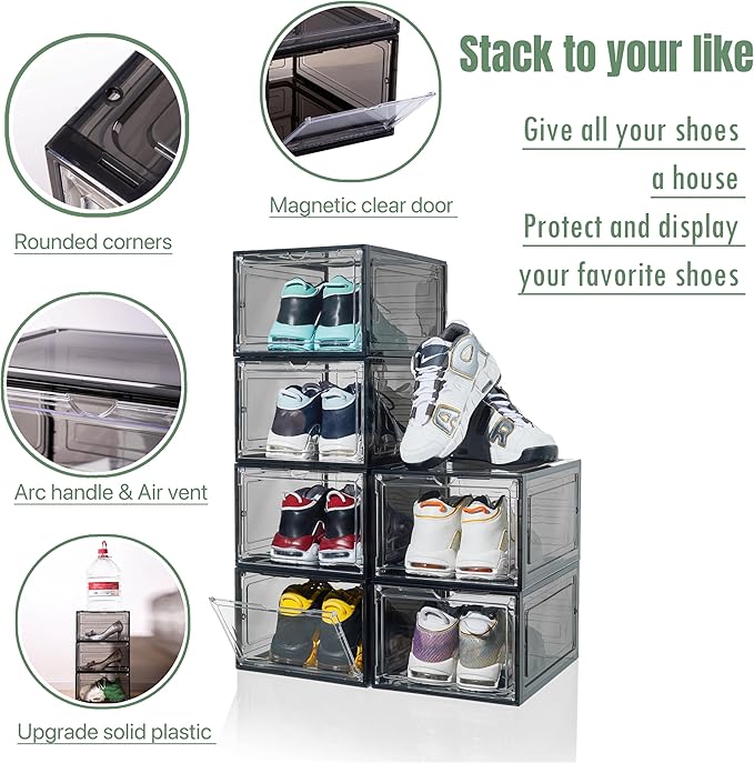 Shoe Organizer Shoe Storage Boxes, 6 Pack Large Drop Front Shoe Boxes with Magnetic Door, Clear Plastic Stackable Shoe Containers (Black)