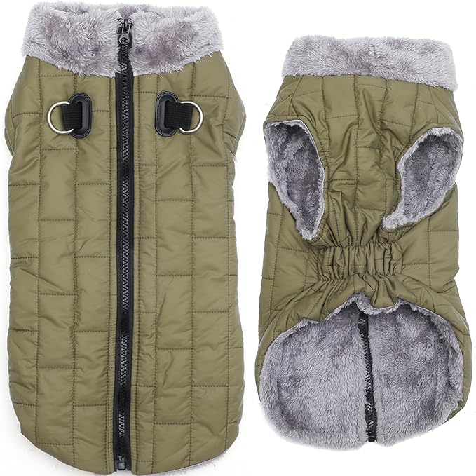 Warm Fleece Dog Coats with Durable Harness Buitl in D-Ring,Waterproof Puppy Jacket for Small Dogs,Dog Vest for Cold Winter,Green XS