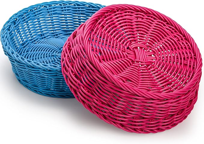 AVLA 4 Pack Woven Breads Baskets, Imitation Rattan Fruit Storage Bowls, Stackable Handwoven Serving Basket, Poly-Wicker Round Basket Set for Organizing, Decorative Gift Basket for Countertop, Pantry