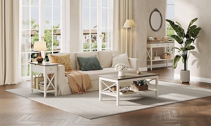 ChooChoo Farmhouse End Table with Charging Station, Accent Small Side Table Nightstand for Living Room, Bedroom, and Small Spaces, Soft White