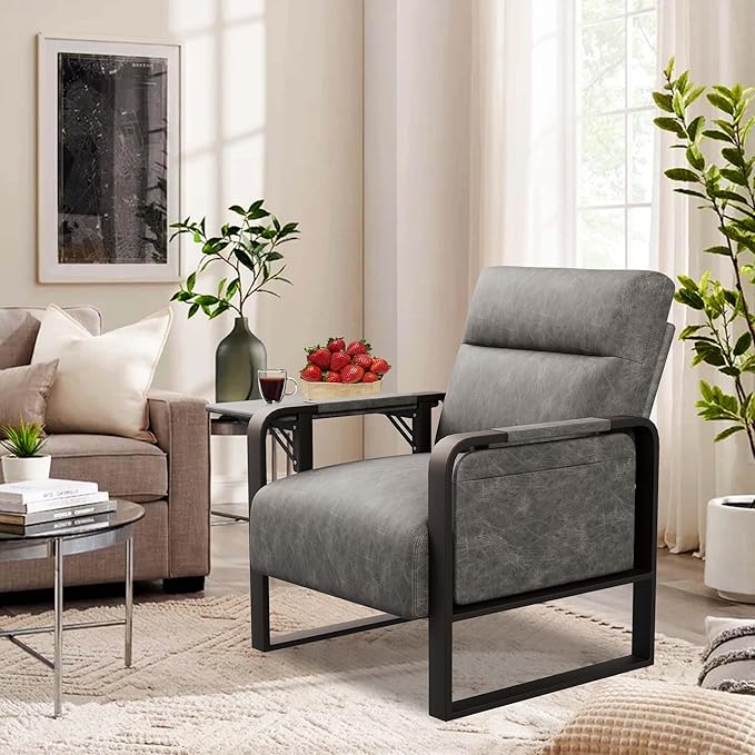 Modern PU Leather Accent Chairs Set of 2 Upholstered Armchairs with Tray Table Leisure Side Chairs for Living Room Bedroom Office Grey