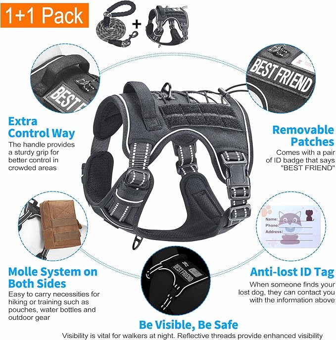 Heavy Duty Tactical Dog Harness for Large Dogs, No Pull Adjustable Pet Harness Reflective Service Training Easy Control Pet Vest Military K9 Working Dog Harnesses- Large, Black