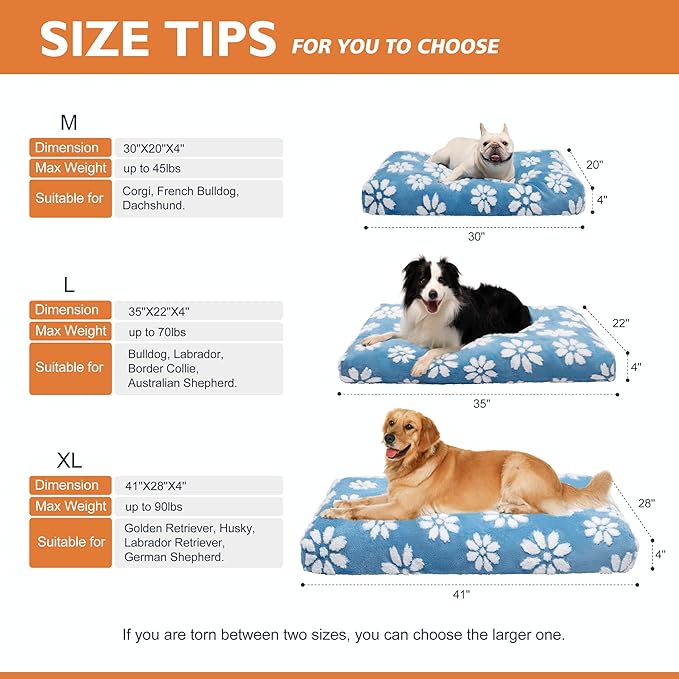 Dog Beds for Small Medium Dogs, Cute Thick Dog Bed for Crate Kennel, Fluffy Pet Bed with Removable Washable Cover and Anti-Slip Bottom, 30"x 20", Blue Flower