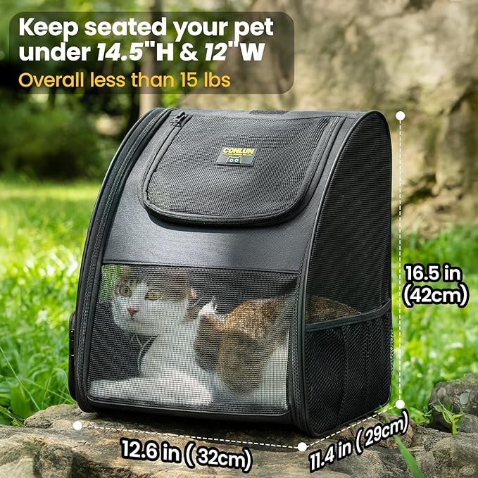 Cat Backpack Carrier for Small Dogs and Cats Fit Up to 15 Lbs,Small Dog Backpack, Expandable & Foldable with 3-Side Mesh Windows, Pet Carrier for Travel & Hiking Friendly，Black