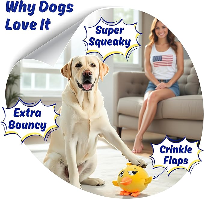 3 in 1 Squeaky Soft Plush Durable Dog Chew Toy for Aggressive Chewers, No Stuffing Interactive Tough Rip & Reveal Crinkle Yellow Duck Ball in Gift Box, Puppy, Small & Large Breed Pets Birthday Present