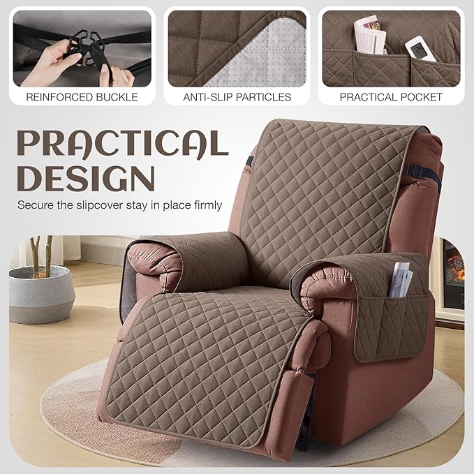 KinCam 100% Waterproof Recliner Chair Cover, Reclining Couch Covers for Pets, Dogs, Recliner Couch Slipcover Furniture Protector with Elastic Straps for Kids(28", Brown)