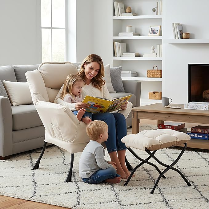 Welnow Lazy Chair with Ottoman, Modern Reading Lounge Accent Chair with Armrests and a Side Pocket, Leisure Upholstered Lazy Sofa Set with Footrest for Small Space, Beige