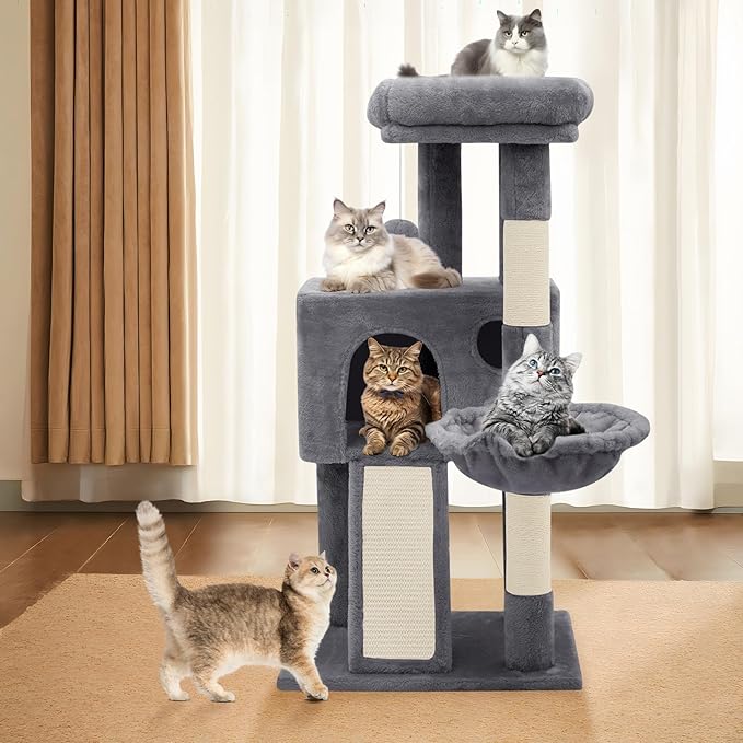 Athena Collection Small Cat Tree, Modern 36 Inch Cute Cat Tree Tower with Scratching Post Condo Hammock Activity Platform and Playing Ball for Indoor, Dark Grey