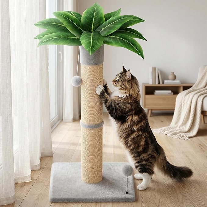 XiaZ Cat Scratching Post 34 Inches Tall, Cat Tower Scratcher Extra Wide 15.8" Stable Base with 2 Interactive Toy Balls, Premium Natural Sisal Pad for Small, Medium Large Cats (Light Gray, 4.5in)