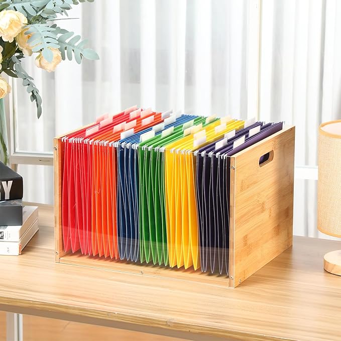 Clear Acrylic File Box Hanging File Organizer with 30 Pcs Hanging File Folders Bamboo Hanging Folder Storage Filing Crate Bin Holder with Handle for Home Office Desk Letter Size