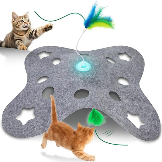 PAWSPIK 3-in-1 Hide & Seek Interactive Cat Toy - Rechargeable Automatic Feather Chasing & Tumbling Peek-A-Boo Exercise Toy for Bored Indoor Cats & Kittens