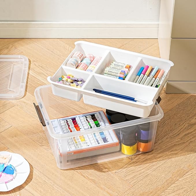 17 QT Plastic Storage Box with Removable Tray Art Supply Craft Organizers and Storage Stackable Storage Container for Organizing Bead, Tool, Sewing, Book, Crayon, Playdoh(Clear)