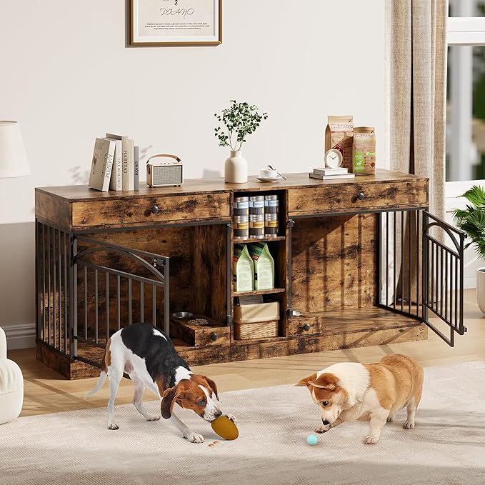 GarveeHome Dog Crate Furniture for 2 Dogs, Dog Kennel Indoor with Storage and Feeding Bowls, Double Dog Crate TV Stand for Small Medium Dogs, Brown