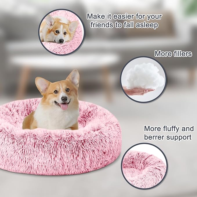 ELSKER&HOME Calming Dog Bed,Donut Washable Warming Soft Round 30 inches Dog Beds for Medium Dogs,Anti-Anxiety Fluffy Plush Cushion Bed Fits up to 50 lbs Pets,Pink