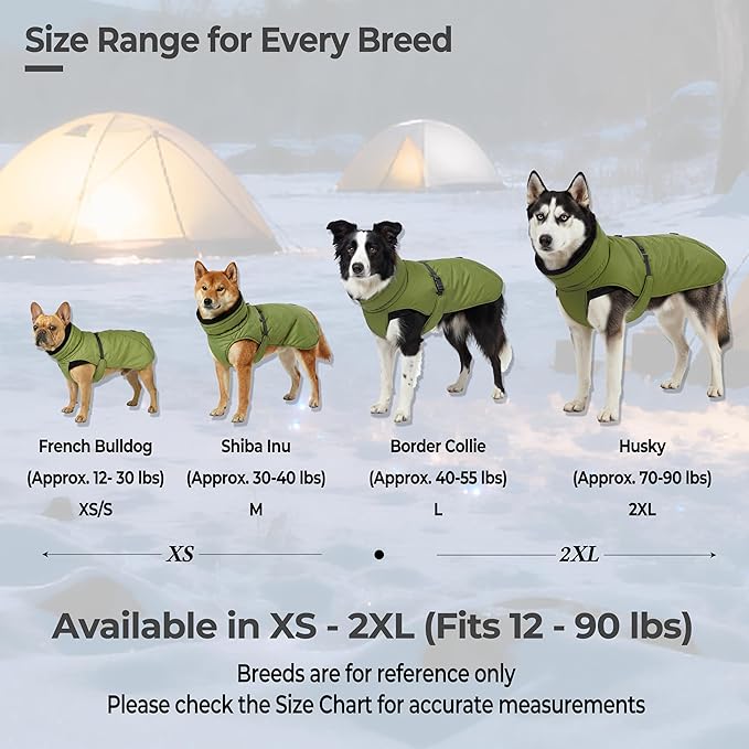 Puffer Dog Winter Coat for Rain and Snow, Water-Repellent and Windproof Jacket Keeps Dogs Warm and Dry, High Collar and Harness Opening Design, Ideal Dog Stocking Stuffer (Green, Large)