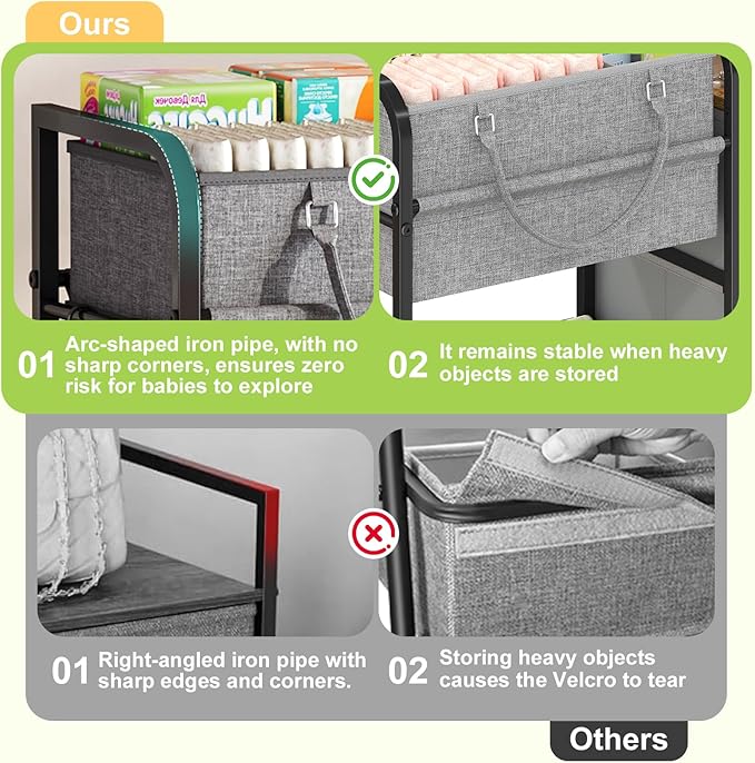 2In1 Baby Diaper Caddy Organizer and Storage, 3 Tier Rolling Cart with Dividers and Drawers, Mobile Utility Cart Baby Dresser Clothes Organizer for Changing Table, Crib Nursery, Bedroom, Grey