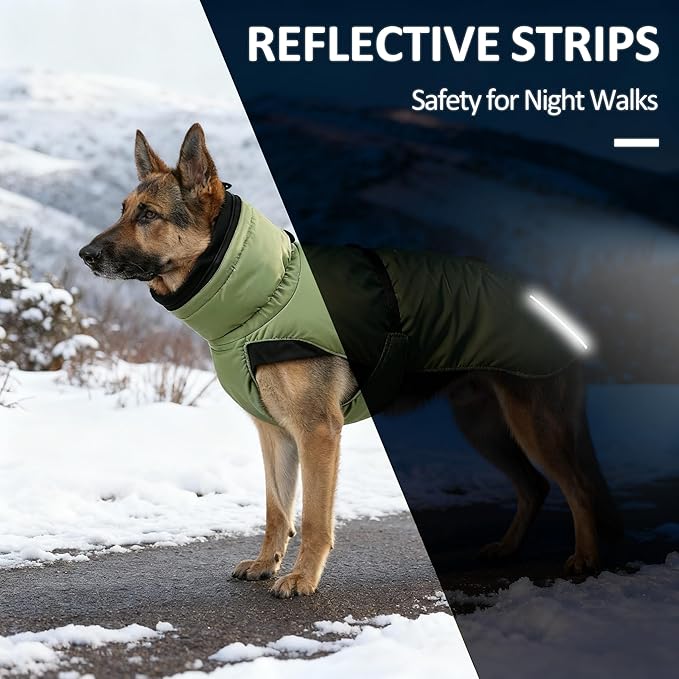 Puffer Dog Winter Coat for Rain and Snow, Water-Repellent and Windproof Jacket Keeps Dogs Warm and Dry, High Collar and Harness Opening Design, Ideal Dog Stocking Stuffer (Green, X-Large)