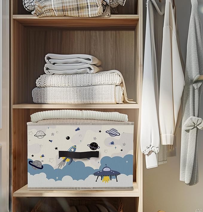 Nogrit Blue Space Storage Bins Box, Toybox for Boys, Outer Space Planets Spacecraft Foldable Baskets Organizer Container with Handles for Kids Boys Bedroom Bathroom Clothes Toys Books