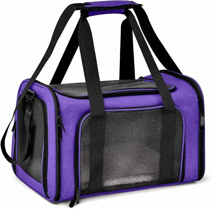 Pet Travel Carrier Bag – Airline Approved Soft-Sided Dog & Cat Carrier, Foldable, Breathable Mesh, Washable Pad – Fits Pets up to 15 lbs – The Pup Quartet (Purple)