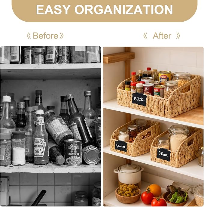 Pantry Organizers Labeled Storage Baskets for Organizing with Handles, Large Wicker Storage Baskets for Shelves,Kitchen, Water Hyacinth Storage Bins, Boho Decorative, 3Pack,Natural