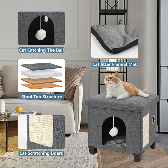 BRIAN & DANY Foldable Cat House, Cat Cave, Cat Cube with Scratch Board & Ball, 37.5 x 32.5 x 36 cm, Gray