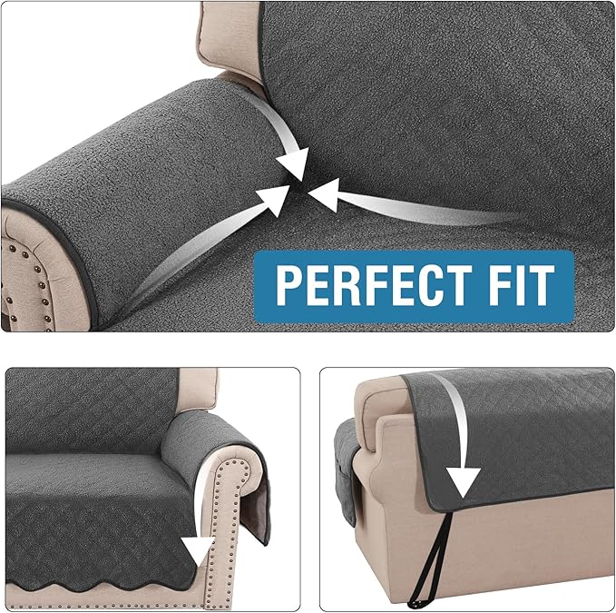 H.VERSAILTEX Waterproof Quilted Couch Covers Non Slip Sofa Covers Protector Slipcovers for Dogs, Covers for 3 Cushion Couch Sofa Pet Furniture Protector Modern Fleece Fabric (Sofa,Charcoal)