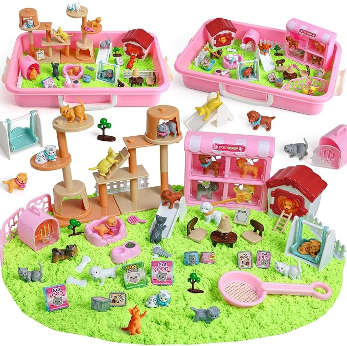 Cat and Dog Sensory Bin,Play Sand Kit for Girls and Boys with 2.2lbs Sensory Sand and Sand Box,Pet Sandbox Toys Role Pretend Play Beach Toy Birthday Present for Toddler Ages 3 4 5 6 7 8