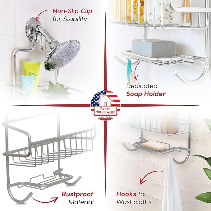Better Houseware Aluminum Shower Caddy (Silver) + Soap Holder/Saver Set