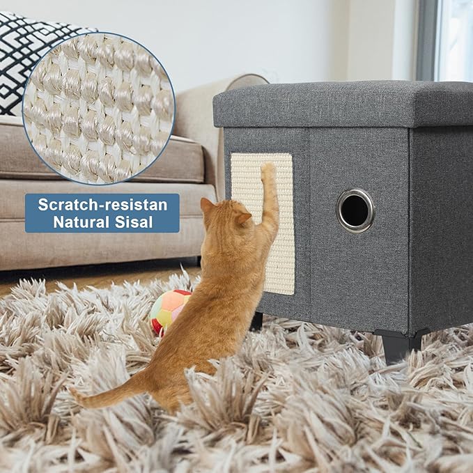 BRIAN & DANY Foldable Cat House for Indoor Cats, Large Cat Cube for Pet Cave with Scratch Board & Ball, 17.7 x 14.8 x 15 inches, Gray (Large)