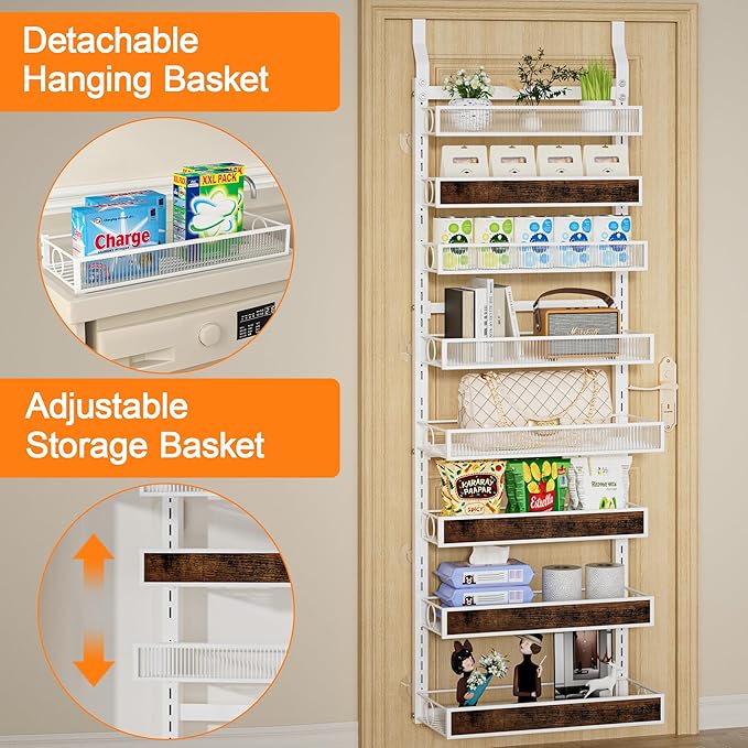 8 Tier Over the Door Pantry Organizer 2 IN 1 Hanging or Wall Mounted Spice Rack with Adjustable Basket,Heavy Duty Seasonning Storage Shelf for Kitchen Pantry and Bathroom
