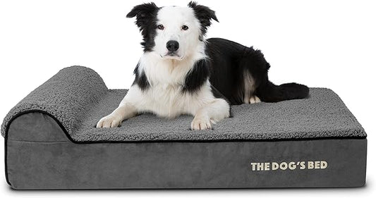 The Dog’s Bed Orthopedic Headrest Dog Bed Large Grey Plush, Memory Foam, Pain Relief for Arthritis, Hip & Elbow Dysplasia, Post Surgery, Lameness, Waterproof Washable Cover