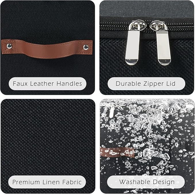 4 Pack Storage Bins with Zipper Lid Cotton Linen Fabric Lidded Storage Baskets Boxes Foldable Washable Closet Shelf Clothes Organizer Container with PU Leather Handles (Black, Large)