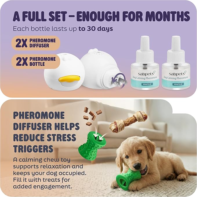 Dog Calming Diffuser Kit with Toy – Helps Reduce Barking, Pee Accidents & Separation Anxiety – Pheromone Plug-in for Dogs – 2 Diffusers + 2 Refills