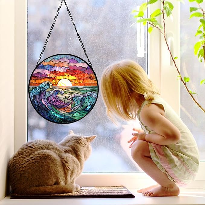 Stained Glass Window Hanging, Clouds and Sea Waves Suncatcher Diamond Glass Panel Hangings Scenery Sun Catchers Decor for Birthday for Women, Men, Wife, Aunt, and Mom 6.3 in