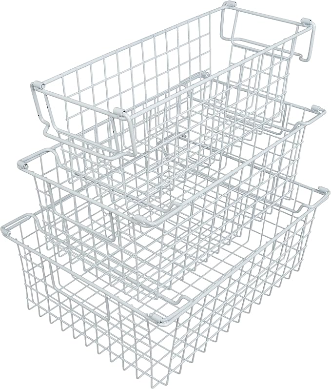Home-Complete 16" Large Stackable Wire Baskets, 3-Size Set Organizer Stacking Storage Bins for Shelf, Pantry, Kitchen, Cabinets, can Also be Used in Chest Freezers (White)