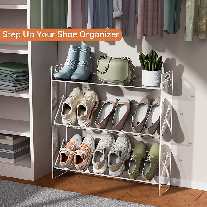 Acrylic Shoe Rack 3-Tier Clear Shoe Organizer for Closet, Shoe Shelf Storage for Entryway (Clear, 27.5“×6.7”×27“)