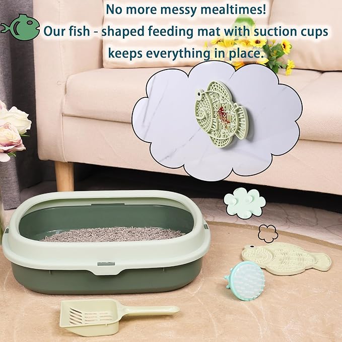 Suhaco Kitten Starter Kit for Indoor Kittens 7 Pcs Litter Box with Cat Litter & Litter Scoop Teaser Wand Licking Mat Bath Brush 7 in 1 Cat Litter Box (Green)