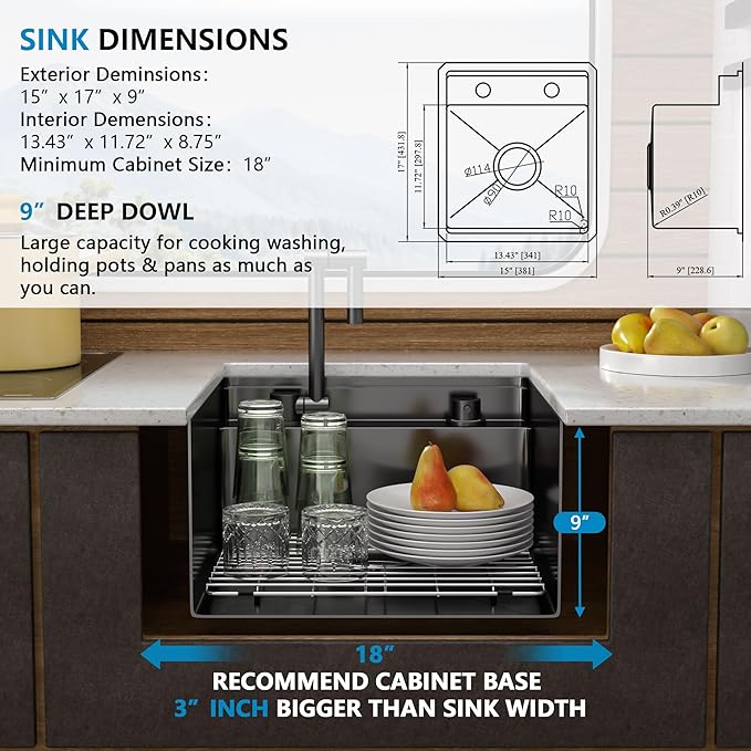 15 Inch RV Kitchen Sink - Fulorni 15"x17" Outdoor RV Mobile Camper Wet Bar Prep Sink Undermount Gunmetal Black NANO-PVD 16 Gauge Stainless Steel Single Bowl Basin with Foldable Faucet