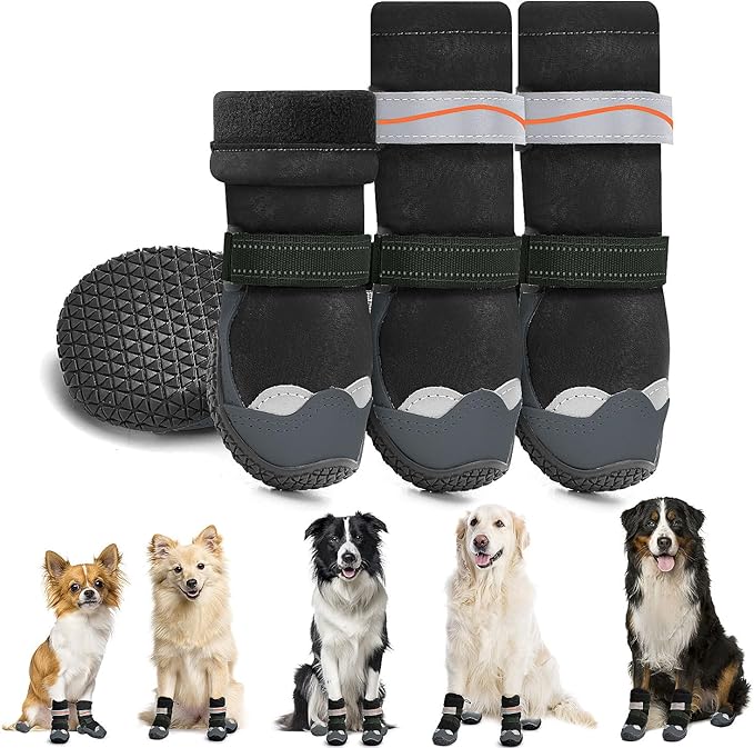 Lukovee Dog Shoes - Waterproof Fleece Lined Dog Boots for Large Small Medium Dogs, Reflective Booties with Non-Slip Rubber Sole for Rain Winter Cold Weather (Black,Size 3)